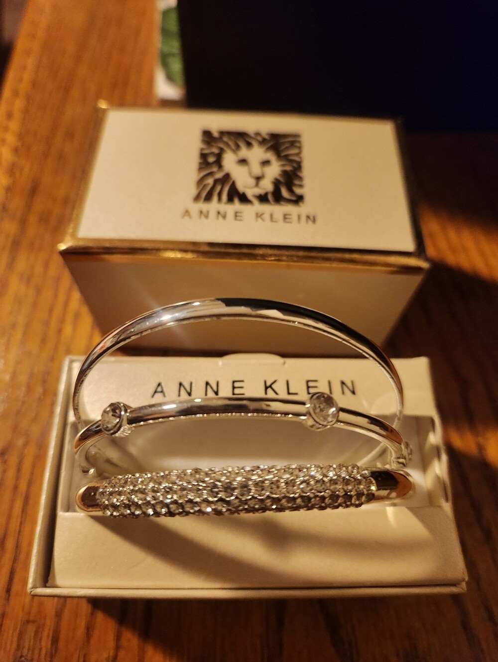 Anne Klein Silver Crystal Trio Bangle Set with Pavé Accent